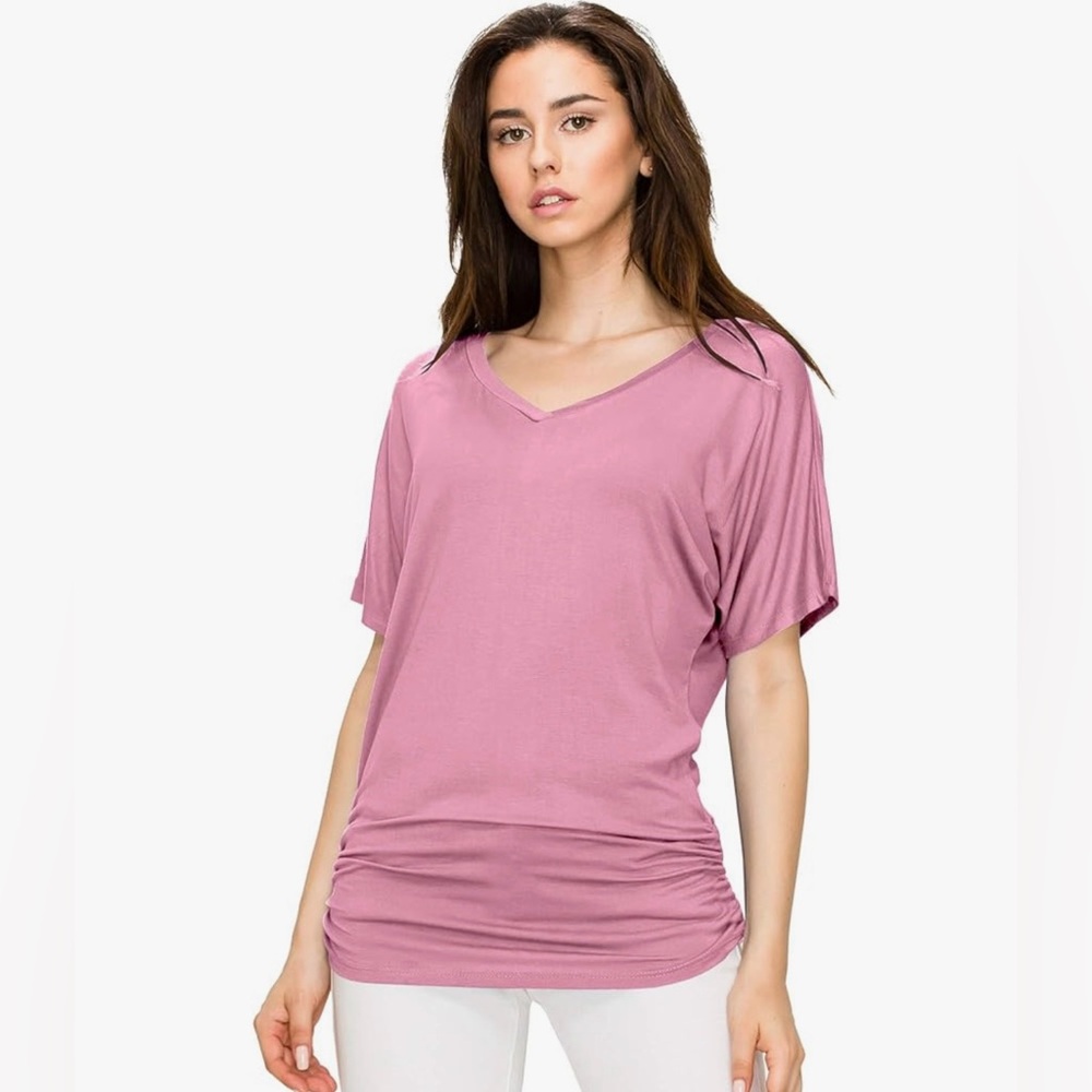Solid Short Sleeve Boat Neck/V Neck Dolman Top T Shirt with Side Shirring - Picture 4 of 6